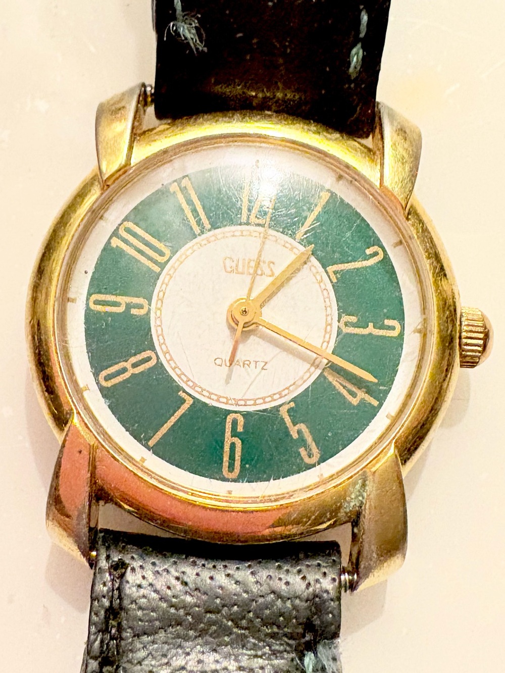 GUESS 1988 Gold-Tone Case Watch Vintage With Green Dial & Black Strap Untested